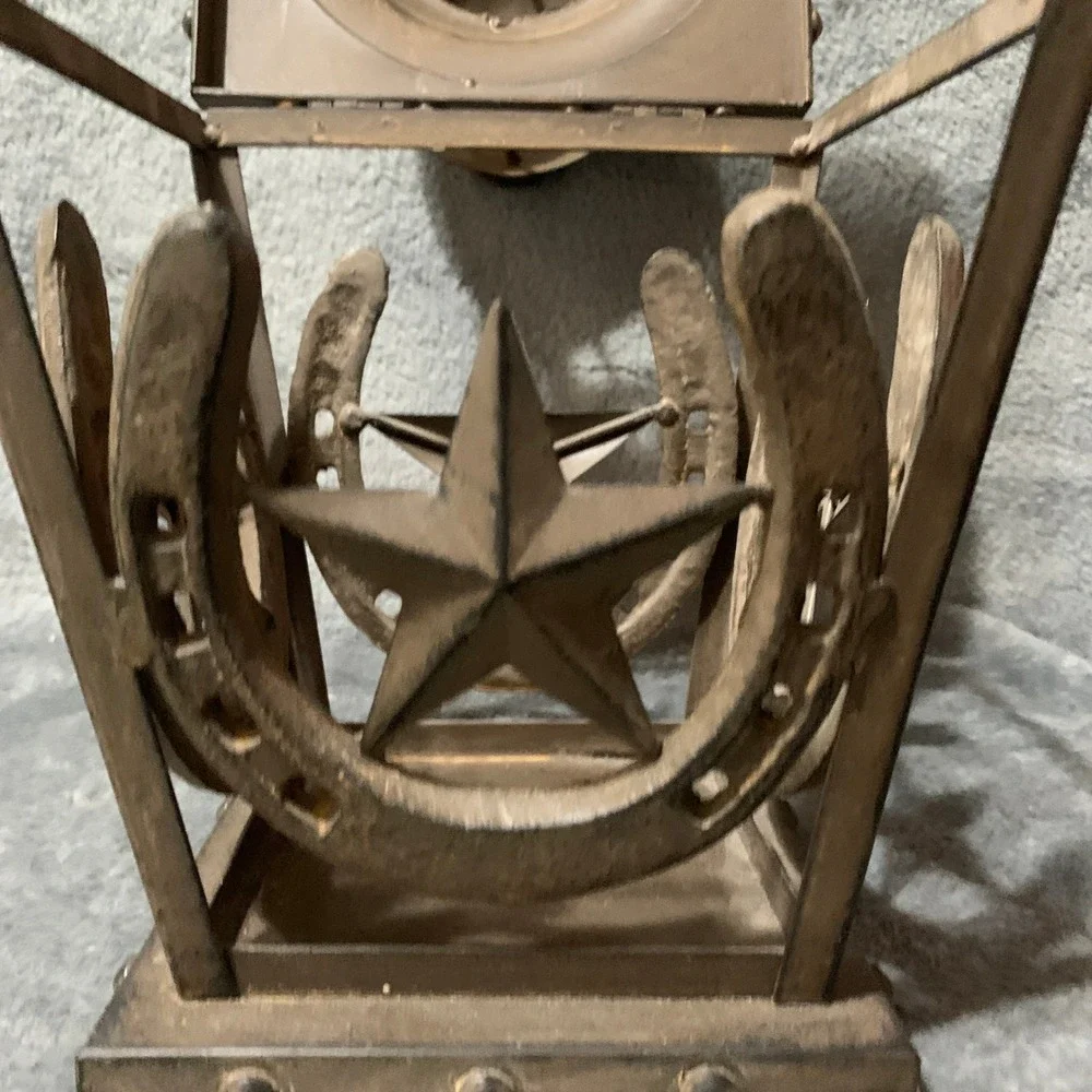 Rustic Metal Horseshoe Texas Star Lantern Western Farmhouse Decor Bronze 13.5in